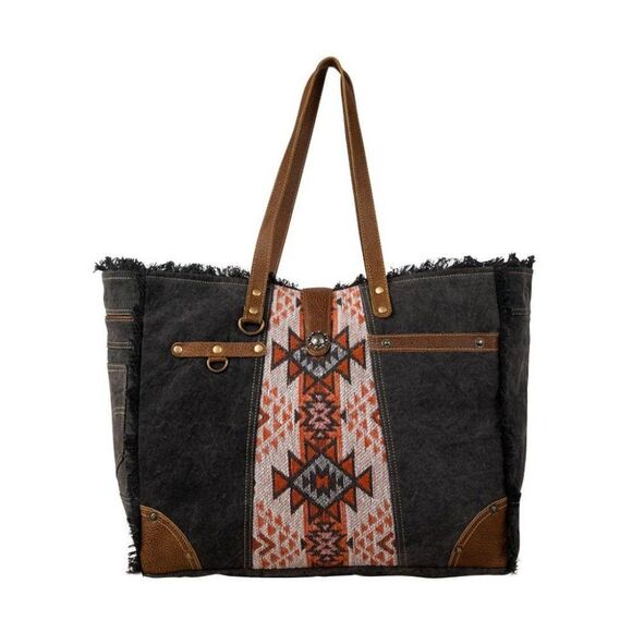 Myra Bag Handmade Mesa Weekender Bag Upcycled Canvas & Cowhide Leather - Picture 1 of 8